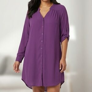 41 Hawthorn Purple Roll Tab Sleeve Button Down Dress Tunic Size Medium Petite